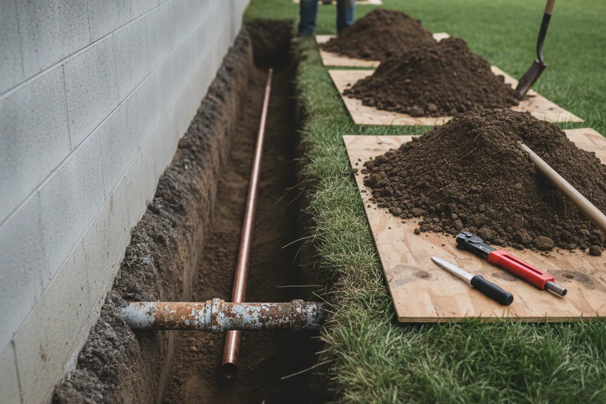 Excavated water line trench during Sewer Line Repair in Roxana